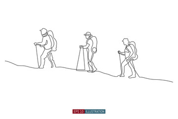 Continuous line drawing of hand drawn traveling people with backpacks silhouettes. Vector illustration. Element for you design works.