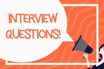 Word writing text Interview Questions. Business photo showcasing Typical topic being ask or inquire during an interview Huge Blank Speech Bubble Round Shape. Slim Woman Holding Colorful Megaphone