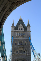 Tower Bridge landmark of London, United Kingdom, narrow angle to see a tower.
