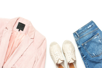 Stylish feminine spring clothing white shirt, blue jeans, pink corduroy jacket, beige espadrilles,...