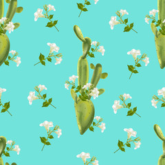 Tropical flower seamless pattern with cactus-vector