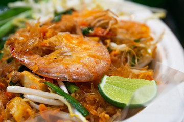 Thai fried noodles with shrimp , Pad Thai  of Thailand