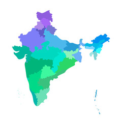 Vector isolated illustration of simplified administrative map of India. Borders of the states. Multi colored silhouettes