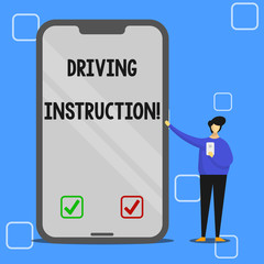 Handwriting text writing Driving Instruction. Conceptual photo detailed information on how driving should be done Man Presenting Huge Blank Screen Smartphone while Holding Another Mobile