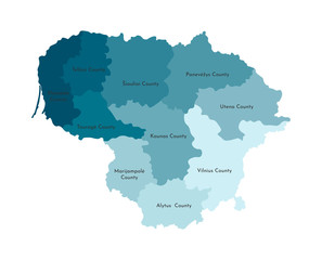 Vector isolated illustration of simplified administrative map of Lithuania. Borders and names of the counties. Colorful blue khaki silhouettes