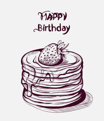 Happy birthday cake Vector line art. Old effect vintage style desserts