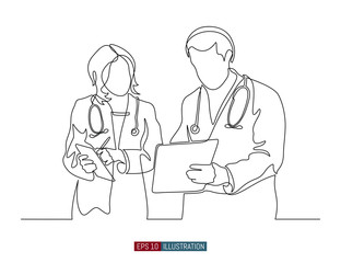 Continuous line drawing of two doctors dialog. Hospital scene. Template for your design works. Vector illustration.