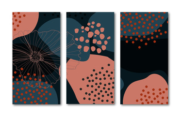 Modern abstract art design with organic shapes. Contemporary collage style design with hand drawn botanical elements and abstract shapes in trendy warm color palette. 
