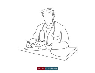 Continuous line drawing of doctors silhouette. Hospital scene. Template for your design works. Vector illustration.