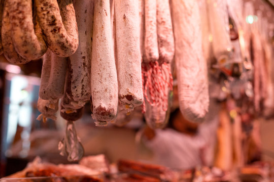 different kind of sausage chorizo with spices. Spanish traditional delicatessen premium food.