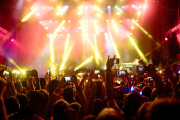 Fototapeta na wymiar Portrait of happy crowd enjoying at music festival