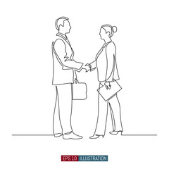 Continuous line drawing of  businessmens handshake. Template for your design works. Vector illustration.
