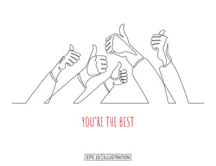 Continuous line drawing of hands whith thumb up gestures. Template for your design works. Vector illustration.