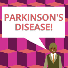 Text sign showing Parkinson S Is Disease. Business photo text nervous system disorder that affects movement Businessman Smiling and Talking with Blank Rectangular Color Speech Bubble