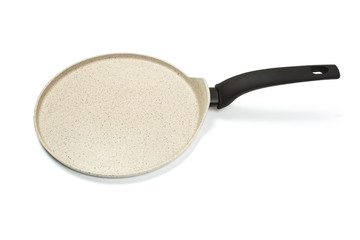 Photo of a bright ceramic pan with a black handle, isolated on a white background.