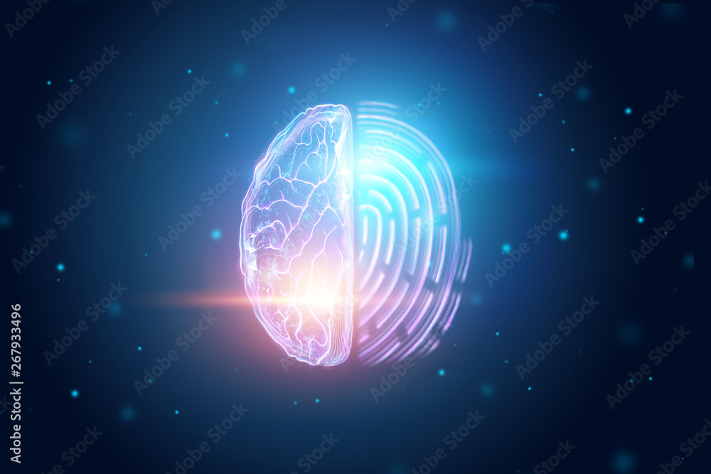 Poster half of the brain and fingerprint view from above. the concept of identity, unique data. 3d illustra