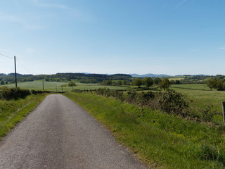 Fototapeta na wymiar Les routes sinueuses traversant les paysages verdoyants du Bourbonnais dans l'Allier, région Auvergne-Rhônes-Alpes.