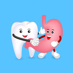 Cute cartoon tooth and stomach shaking hands as a partner. Oral health and stomach disease hygiene concept caused by teeth. Vector illustration isolated on blue background.