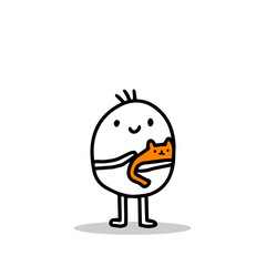 Cute cartoon men holding cat on his hands. Vector tender illustration