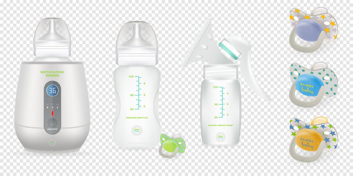 Vector set of baby care accessories, pacifier, bottle with silicone nipple for feeding newborns, bottle warmer, manual breast pump. 3d realistic products for infants on transparent background.