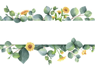 Watercolor vector card with green eucalyptus leaves and meadow plants. © ElenaMedvedeva