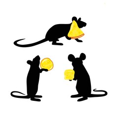 Mouse with piece of cheese set of black silhouette on white background. Vector