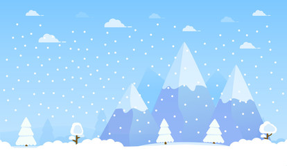 Winter snow mountain.Forest rural landscape pines and hills.Winter time snowfall.Fir-tree flat vector.