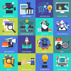 Colorful icon set for business, management, technology and finances. Flat objects for websites and mobile applications