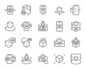 Augmented reality line icons. VR simulation, Panorama view, 360 degree. Virtual reality gaming, augmented, full rotation arrows icons. 360 vr tour, virtual simulation device. Vector