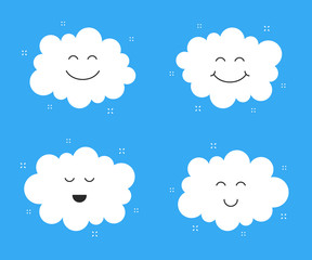 Cute clouds. Smile and yummy happy face. Cloud icons. Cartoon emoji face. Funny weather clouds. Cloudy summer blue sky. Cute smile vector