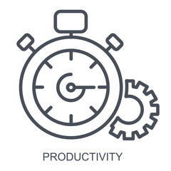 Cogwheel with alarm clock in the scene displaying productivity icon. Flat outline vector