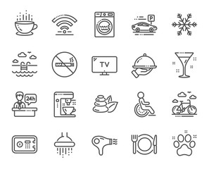 Hotel service line icons. Wi-Fi, Air conditioning and Coffee maker machine. Spa stones, swimming pool and bike rental icons. Hotel parking, safe and shower. Food, coffee cup. Vector