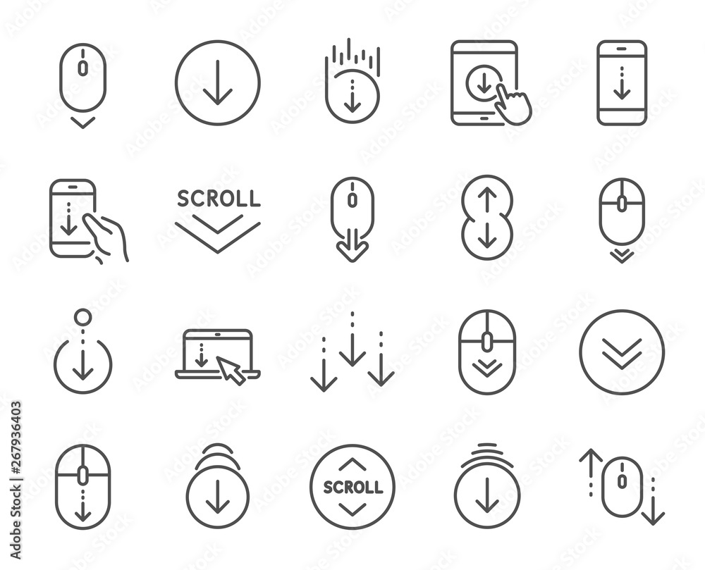 Poster scroll down line icons. scrolling mouse, landing page swipe signs. mobile device technology icons. w