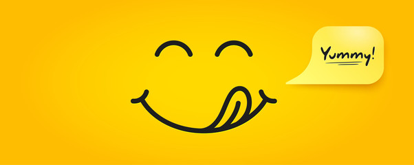 Yummy smile emoticon with tongue lick mouth. Tasty food eating emoji face. Delicious cartoon with saliva drops on yellow background. Smile face line design. Savory gourmet. Yummy vector - obrazy, fototapety, plakaty