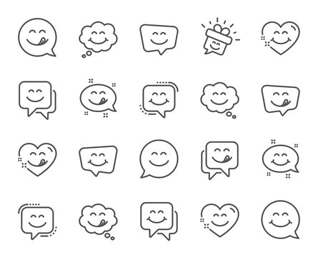Yummy smile line icons. Emoticon speech bubble, social media message, smile with tongue. Tasty food eating emoji face icons. Delicious yummy speech bubble, happy emoticon. Vector
