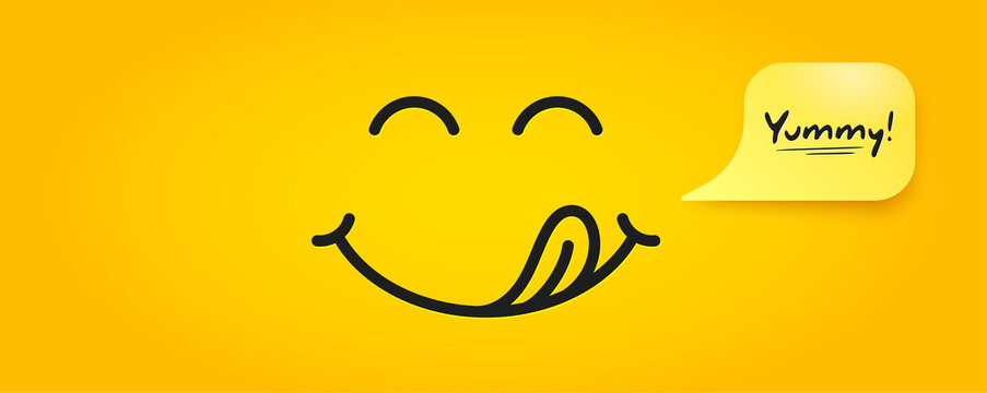 Yummy smile emoticon with tongue lick mouth. Tasty food eating emoji face. Delicious cartoon with saliva drops on yellow background. Smile face line design. Savory gourmet. Yummy vector