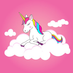 Unicorn on clouds, pink background, vector illustration.