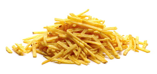 Tomato flavored potato chips isolated on white background