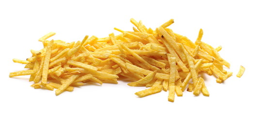 Tomato flavored potato chips isolated on white background