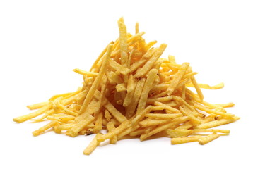 Tomato flavored potato chips isolated on white background