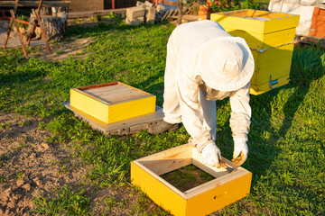 Beekeeper in a protective suit to work in the garden with hives