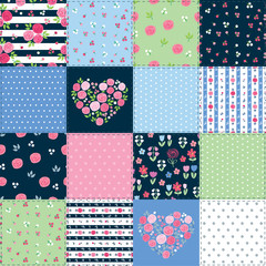 Fototapeta premium Summer patchwork background with different flowers patterns for textile, gift wrap and scrapbook. Vector illustration.