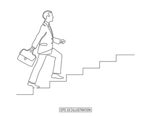 Continuous line drawing of man going up the stairs. Businessman career symbol. Template for your design. Vector illustration.