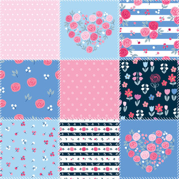 Summer patchwork background with different flowers patterns for textile, gift wrap and scrapbook. Vector illustration.