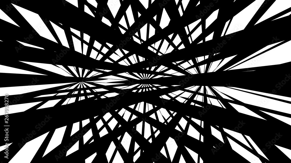 Poster abstract pattern of rays diverging from point to run, black and white, 3d render