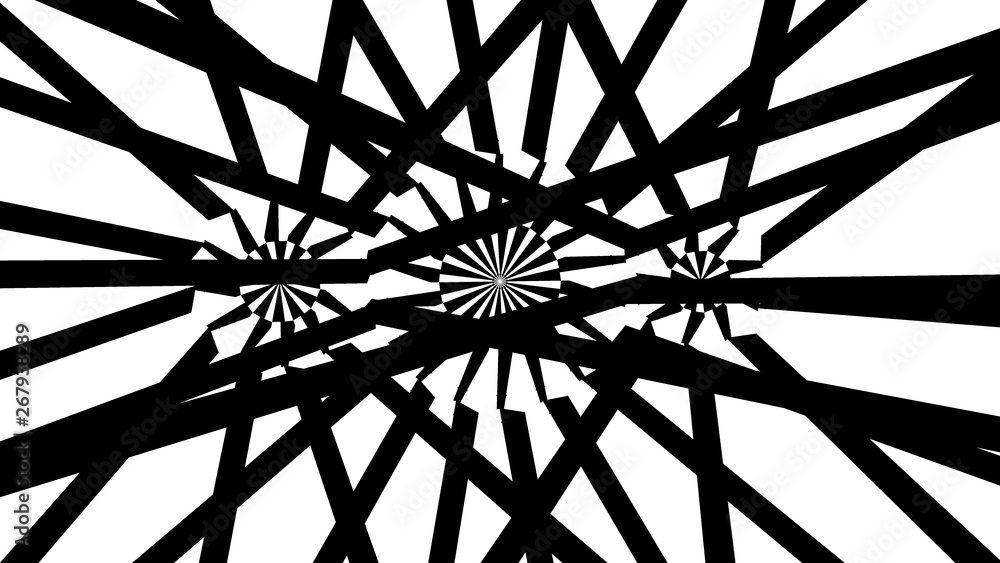 Poster abstract pattern of rays diverging from point to run, black and white, 3d render