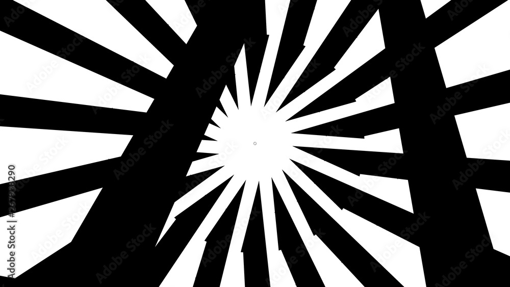 Poster abstract pattern of rays diverging from point to run, black and white, 3d render
