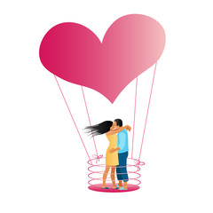 A pair of lovers kiss and cuddle in the basket of a flying balloon in the form of a large pink heart. A man and a woman hug each other. Flat style, vector illustration isolated on white background.