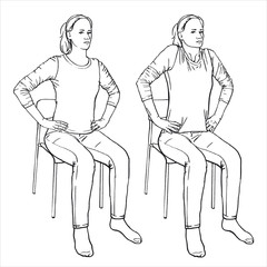 The girl sits on a chair and is engaged in physical therapy. Vector format, imitation of freehand drawing