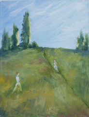 girls collect flowers in the field, summer landscape